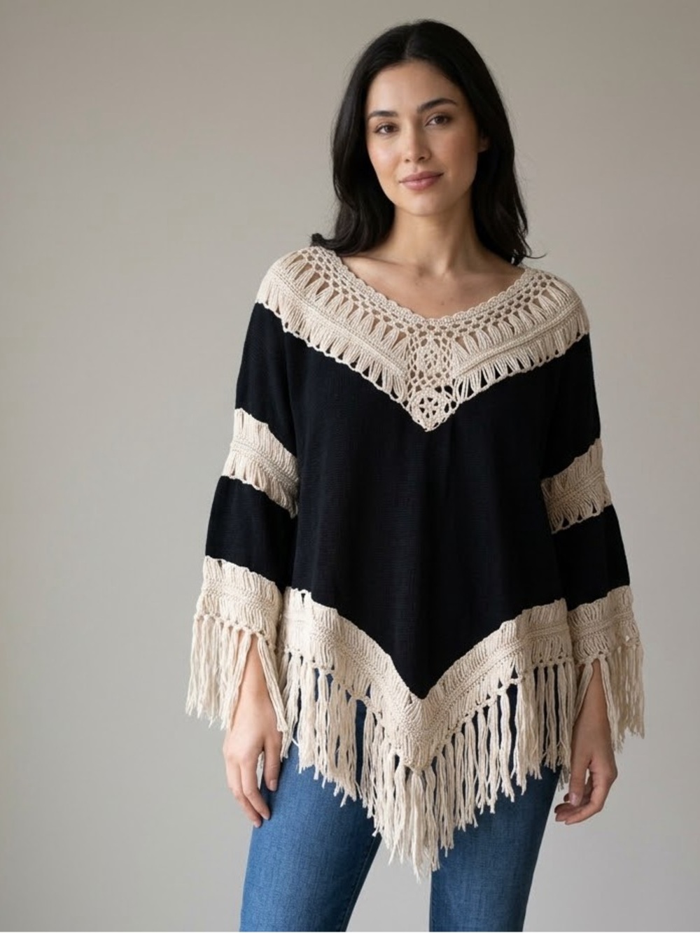 DREAMERS Boho Crochet Fringe Trim V-Neck Sweater Poncho Top